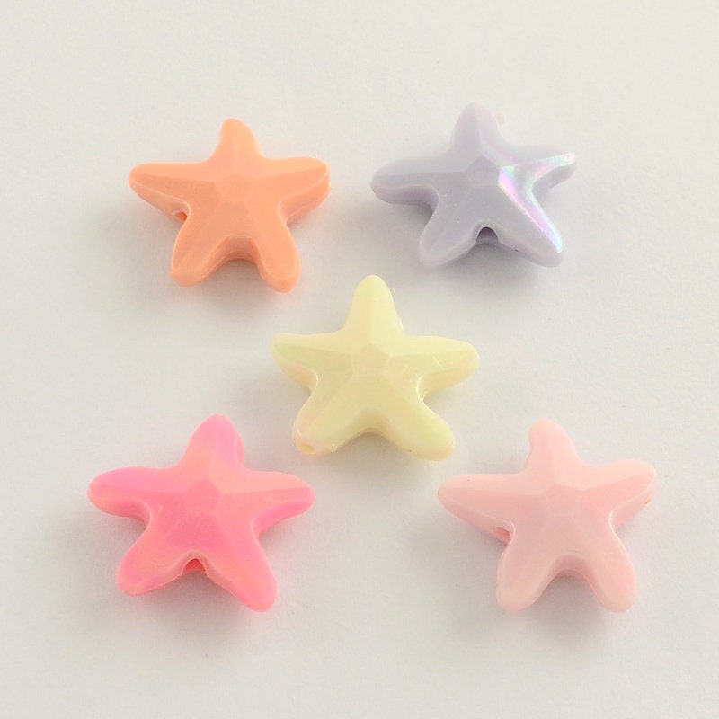 20 x mixed pastel coloured acrylic starfish beads, rainbow shine, approximately 20.5mm x 20.5mm x 6.5mm, drilled, hole approx 2.5mm