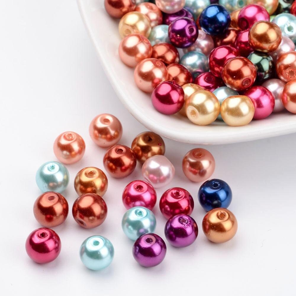 2 sizes 100 x 6mm & 8mm multicoloured round glass faux pearl beads, drilled, hole approximately 1.2mm