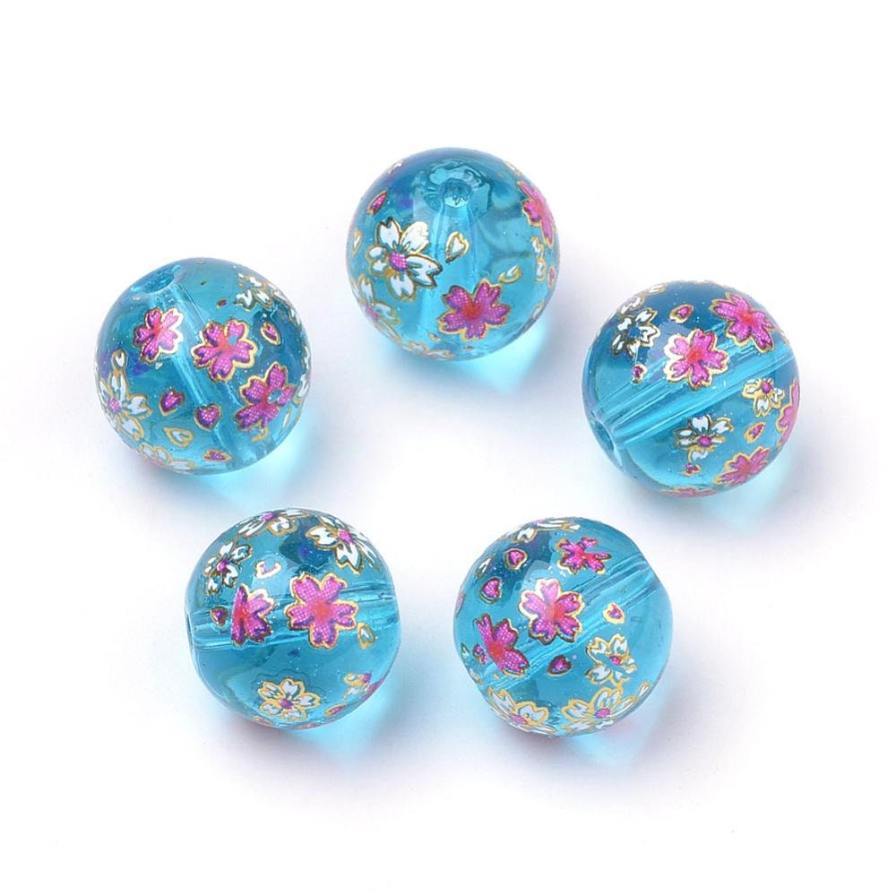 6 colours available, 5 glass beads with delicate pink, white & gold floral pattern, round, drilled, approximately 11mm, hole 1.5mm