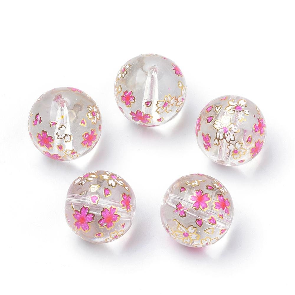 6 colours available, 5 glass beads with delicate pink, white & gold floral pattern, round, drilled, approximately 11mm, hole 1.5mm