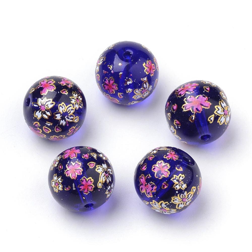 6 colours available, 5 glass beads with delicate pink, white & gold floral pattern, round, drilled, approximately 11mm, hole 1.5mm