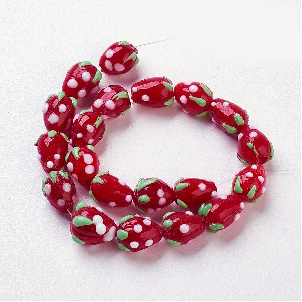 100 x handmade strawberry glass lampwork beads, red with white & green decoration, approximately 12.5mm x 10mm, drilled hole approx 2mm