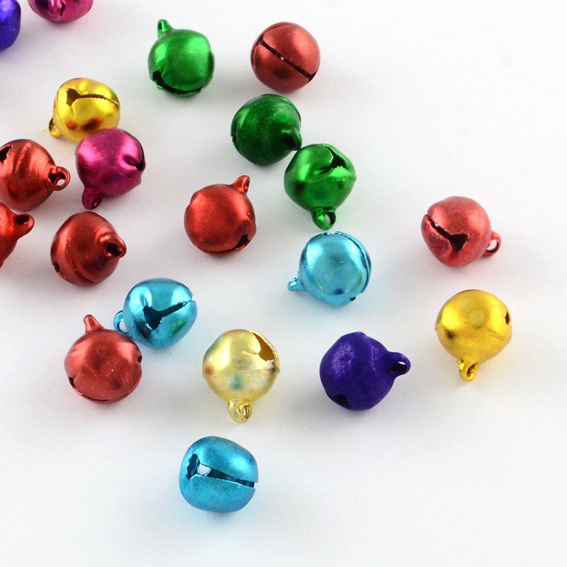50 x tiny aluminum metal sleigh bell charms / beads, little "jangle" noise, mixed colours, approximately 8mm x 6mm x 5mm, hole: 1mm