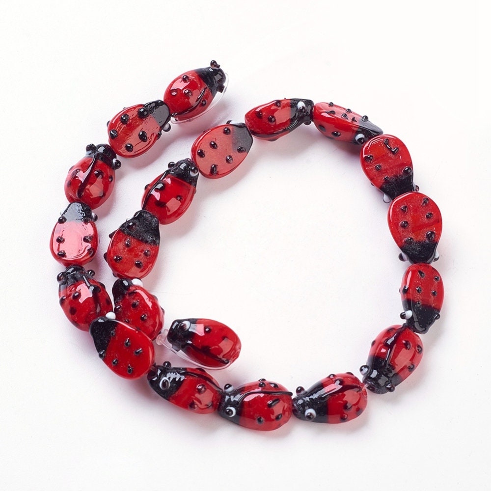 Wholesale (400) loose handmade ladybirds, ladybugs, lampwork glass beads, red & black, approximately 9.5mm x 13mm x 6mm, hole approx 1-2mm