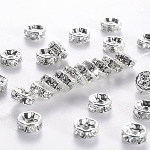 20 x round silver plated brass grade A clear white rhinestone spacer beads, 7-8mm diameter, 3.5mm thick, 2mm hole