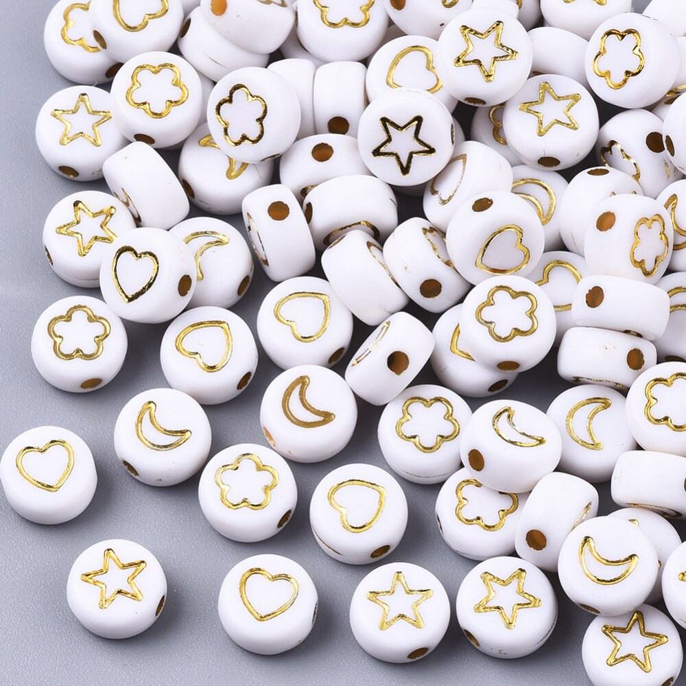 100 x small white & gold opaque round beads, printed moons, stars, hearts, flowers, approximately 7mm x 4mm, drilled