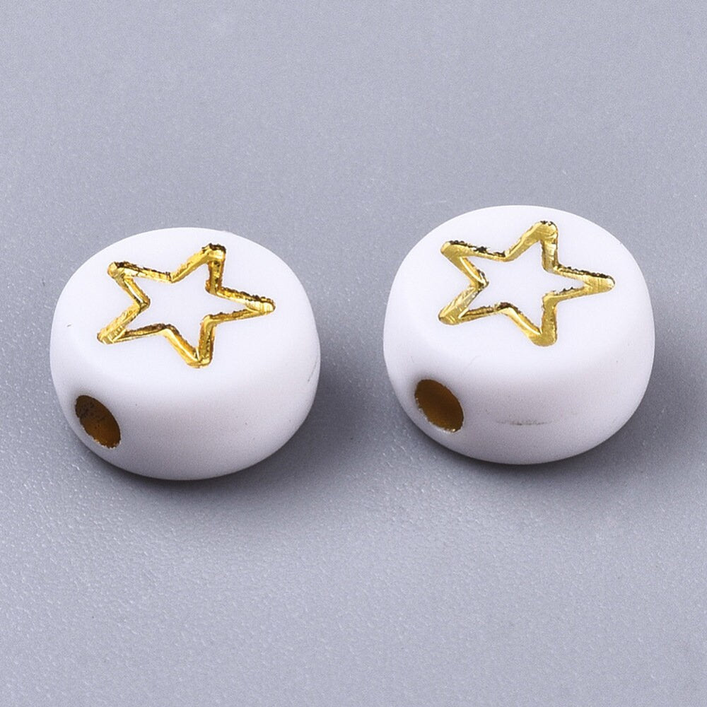 100 x small white & gold opaque round beads, printed moons, stars, hearts, flowers, approximately 7mm x 4mm, drilled