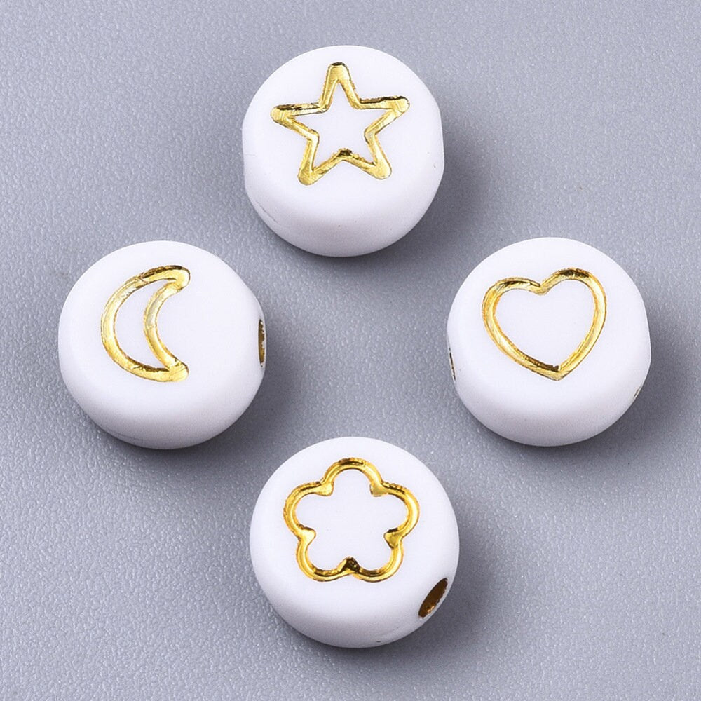 100 x small white & gold opaque round beads, printed moons, stars, hearts, flowers, approximately 7mm x 4mm, drilled