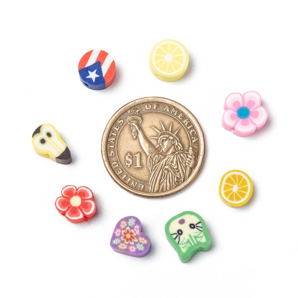 Polymer clay beads, cute animals, fruits, characters, flowers, shapes, sized approximately 7 - 12 mm x 7 - 12 mm x 4mm, drilled hole