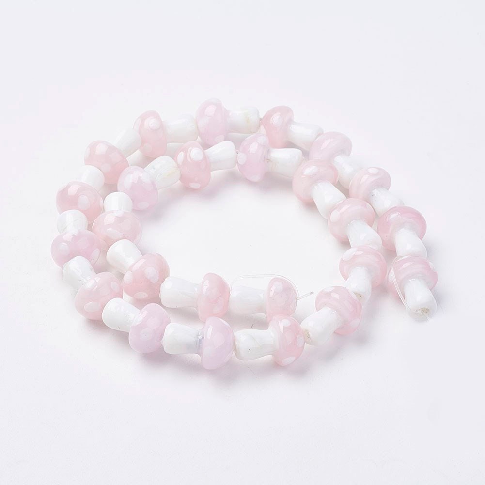 Tiny handmade mushroom toadstool shaped lampwork beads, pale pink & white, drilled, approx 13mm x 10mm