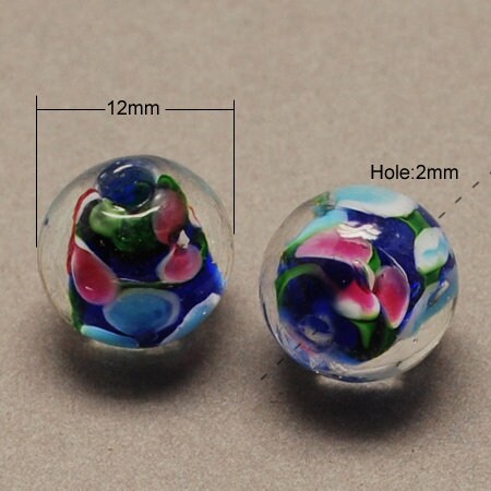 10 x handmade round inner flower mixed colour lampwork beads, 12mm, drilled, hole approximately 2mm
