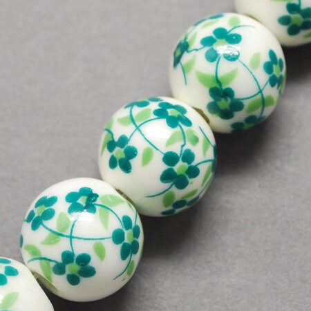 2 sizes, 10mm 12mm handmade flower floral printed porcelain ceramic beads, round, green & white, drilled (hole approximately 3mm)