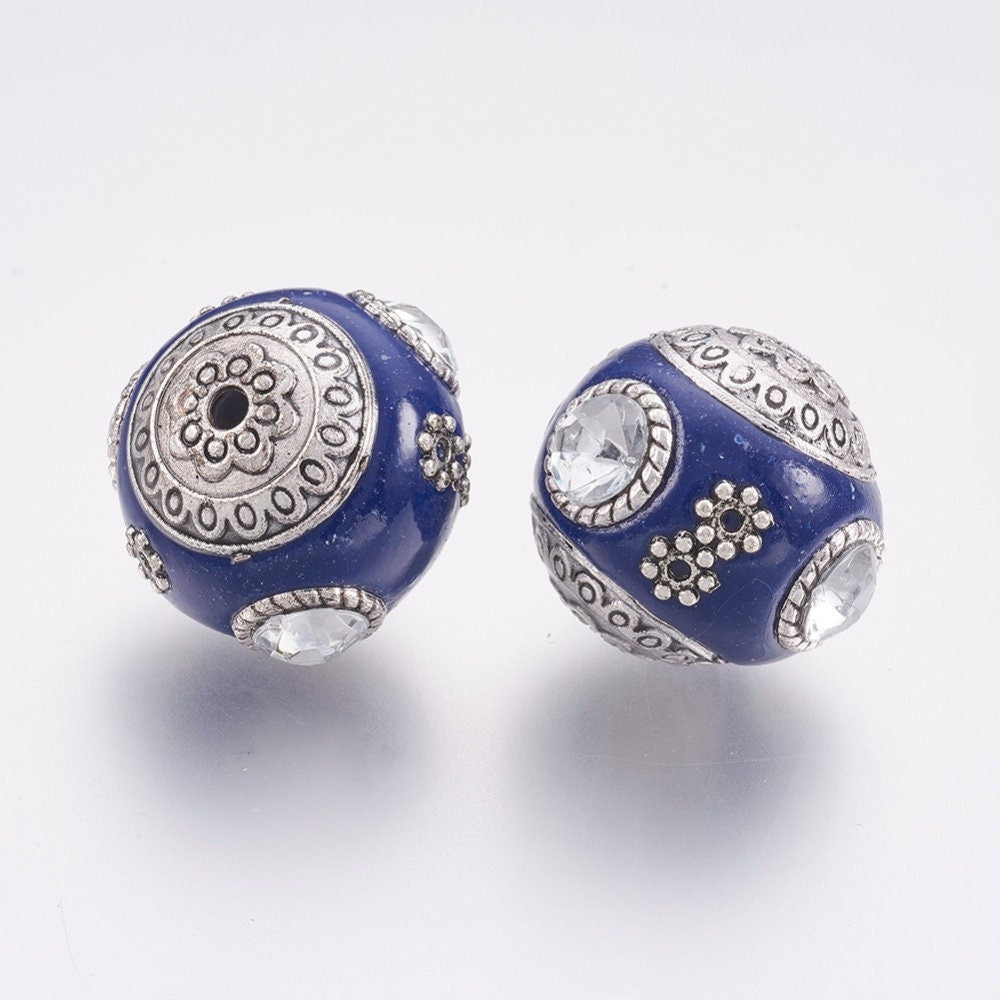 5 x Handmade Indonesian Beads, Tibetan Silver & Polymer Clay, Dark Blue, Size approx 18mm long, 20mm in diameter, drilled hole: 2mm