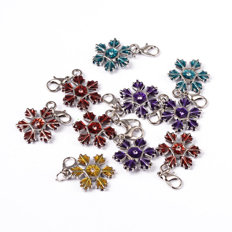 5 x alloy & enamel pendants, Christmas, snowflake, lobster claw clasps, silver tone, mixed colours, approximately 37mm
