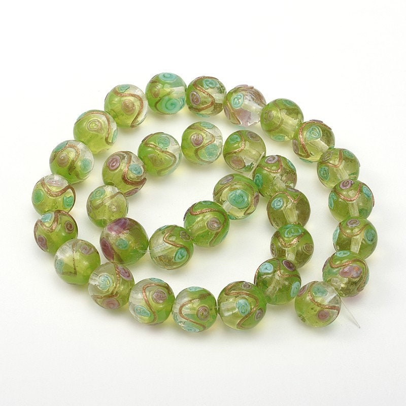 2 round handmade glass textured lampwork beads, turquoise & green, purple floral, gold sand swirl, drilled, approx 12mm, approx hole 2mm