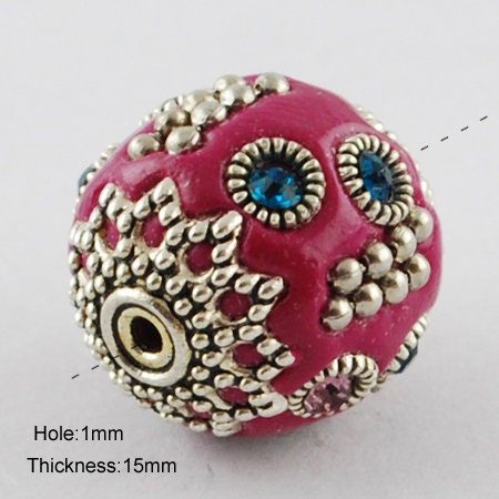 5 x Handmade Indonesian Beads, Tibetan Silver & Polymer Clay, Red, Alloy Core, Diameter approx 15mm, drilled hole: 2mm