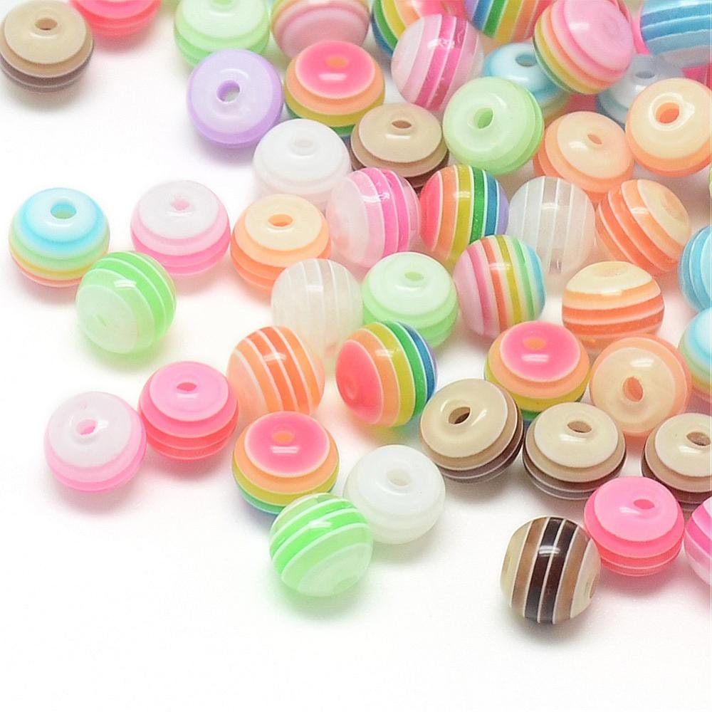 50 x 6mm or 8mm pastel coloured striped resin beads, drilled hole