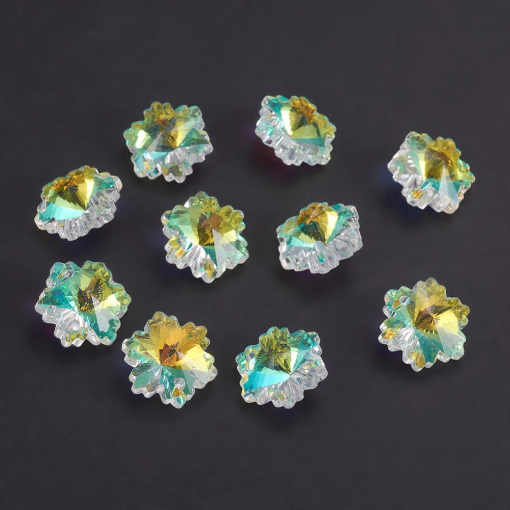 10 x glass snowflake pendants, AB coated for subtle sheen, 14mm diameter, single 0.5mm hole drilled at top