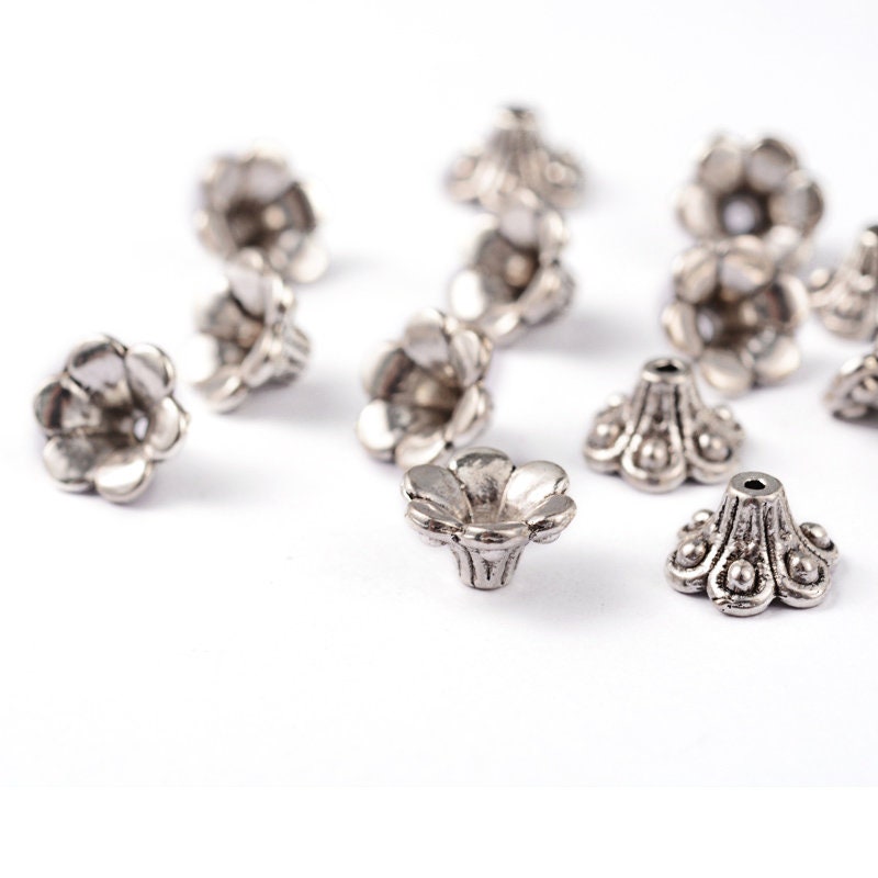 Tibetan style antique silver tone bead caps, flower / tulip style, 10mm x 6mm, hole: 2mm