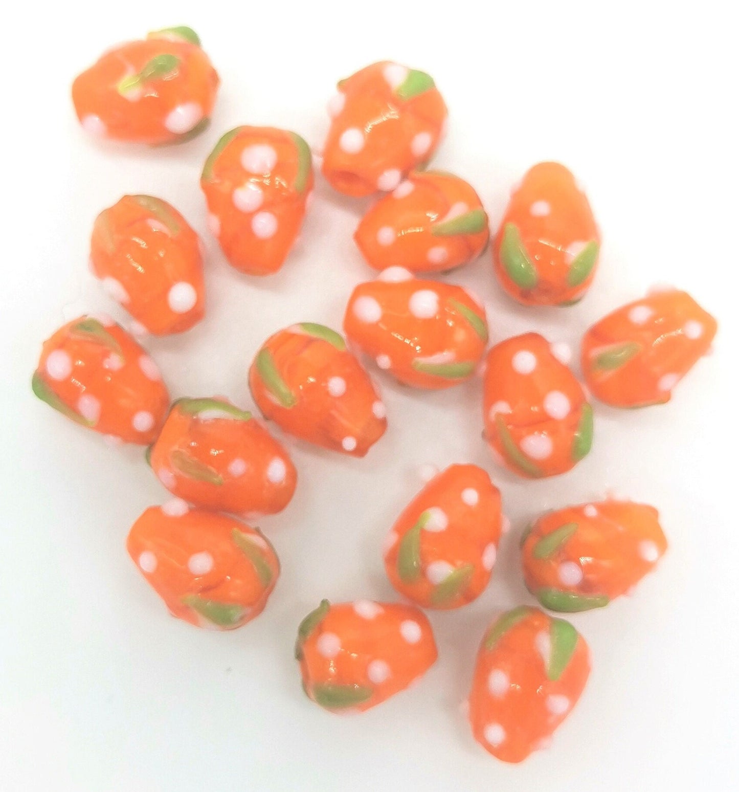 20 x handmade strawberry glass lampwork beads, orange with white & green decoration, approximately 12.5mm x 10mm, drilled hole approx 2mm