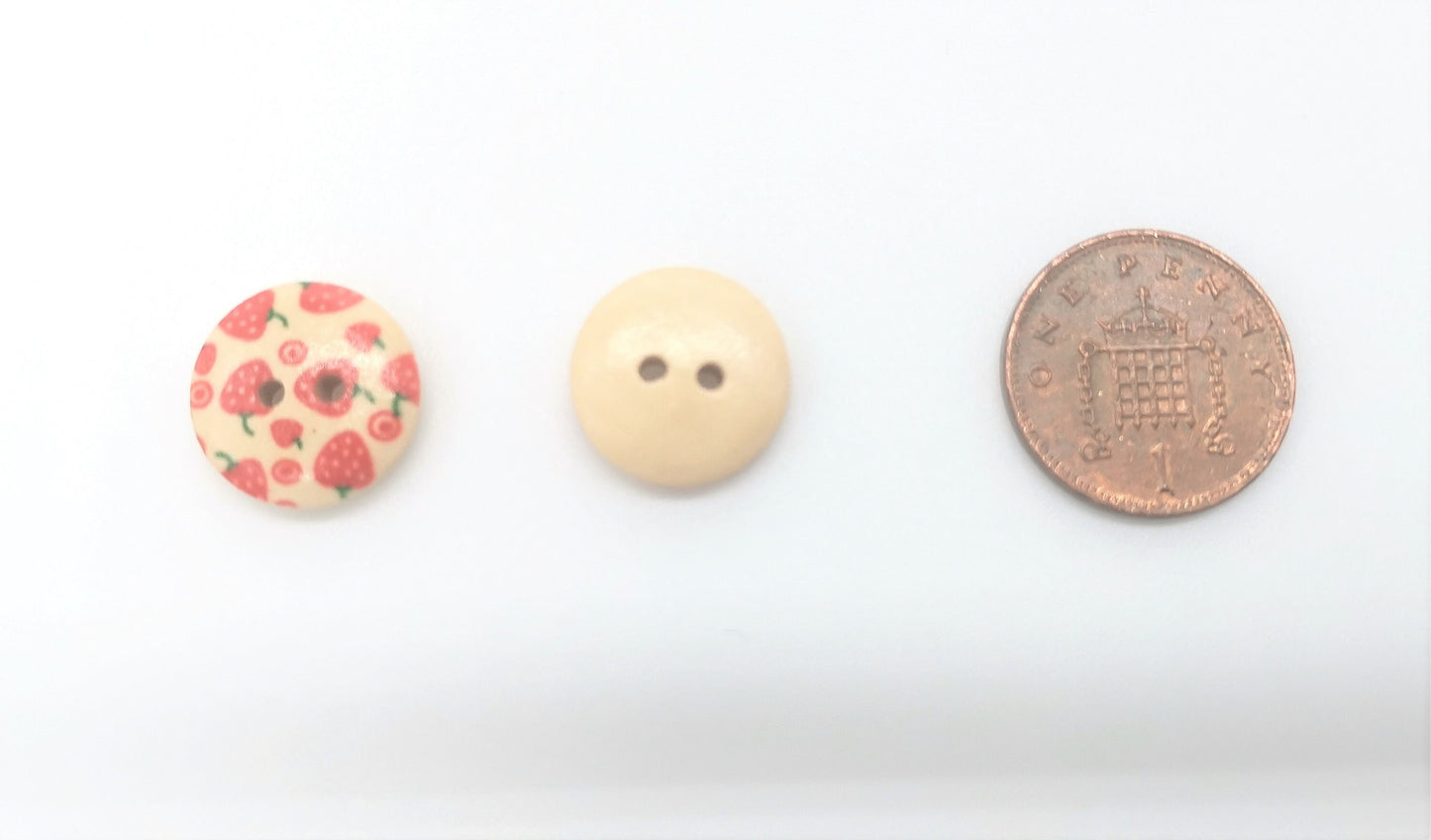 8 x 15mm small round strawberry pattern wooden buttons, 2 hole