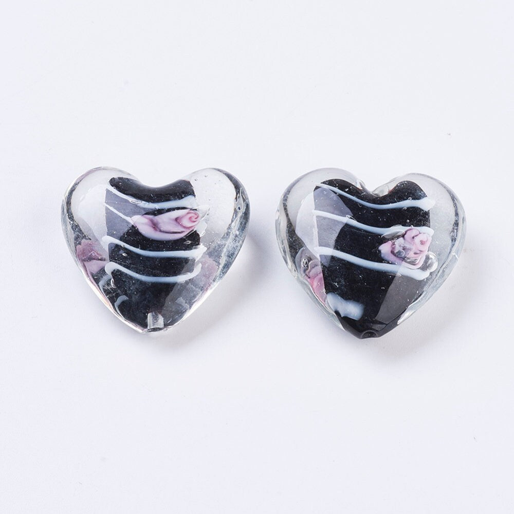 5 x large handmade glass lampwork heart beads with inner flower, striped, mixed colours, approximately 35mm long, 35mm wide, hole:2mm