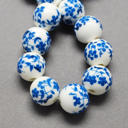 20 x handmade flower floral printed 8mm porcelain ceramic beads, round, blue & white, drilled (hole approximately 2mm)