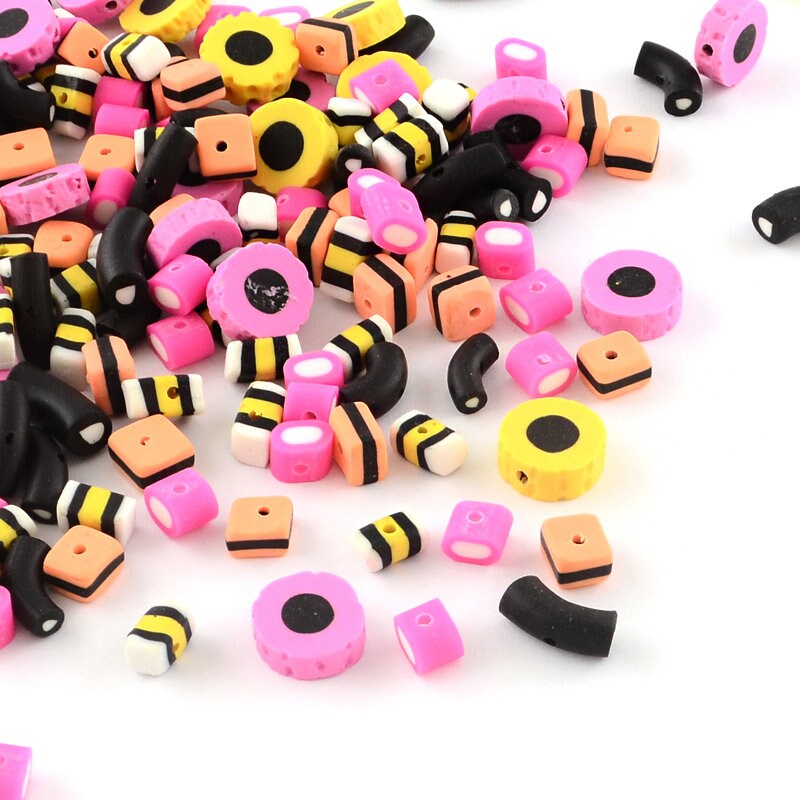 Liquorice allsort polymer clay beads, cute drilled sweets, candy, pink, yellow, orange, black, white, size approx 7-14x7-12x4-6mm, hole: 1mm