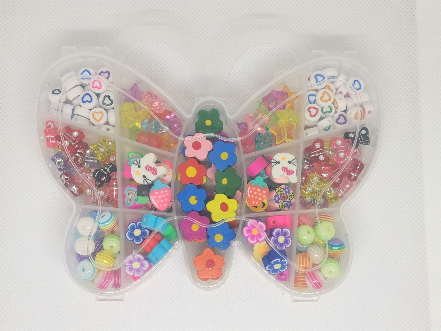 Bead kit / set, butterfly shaped box, 200 various beads, acrylic, resin, clay, wood, children's gift, crystal elastic string available