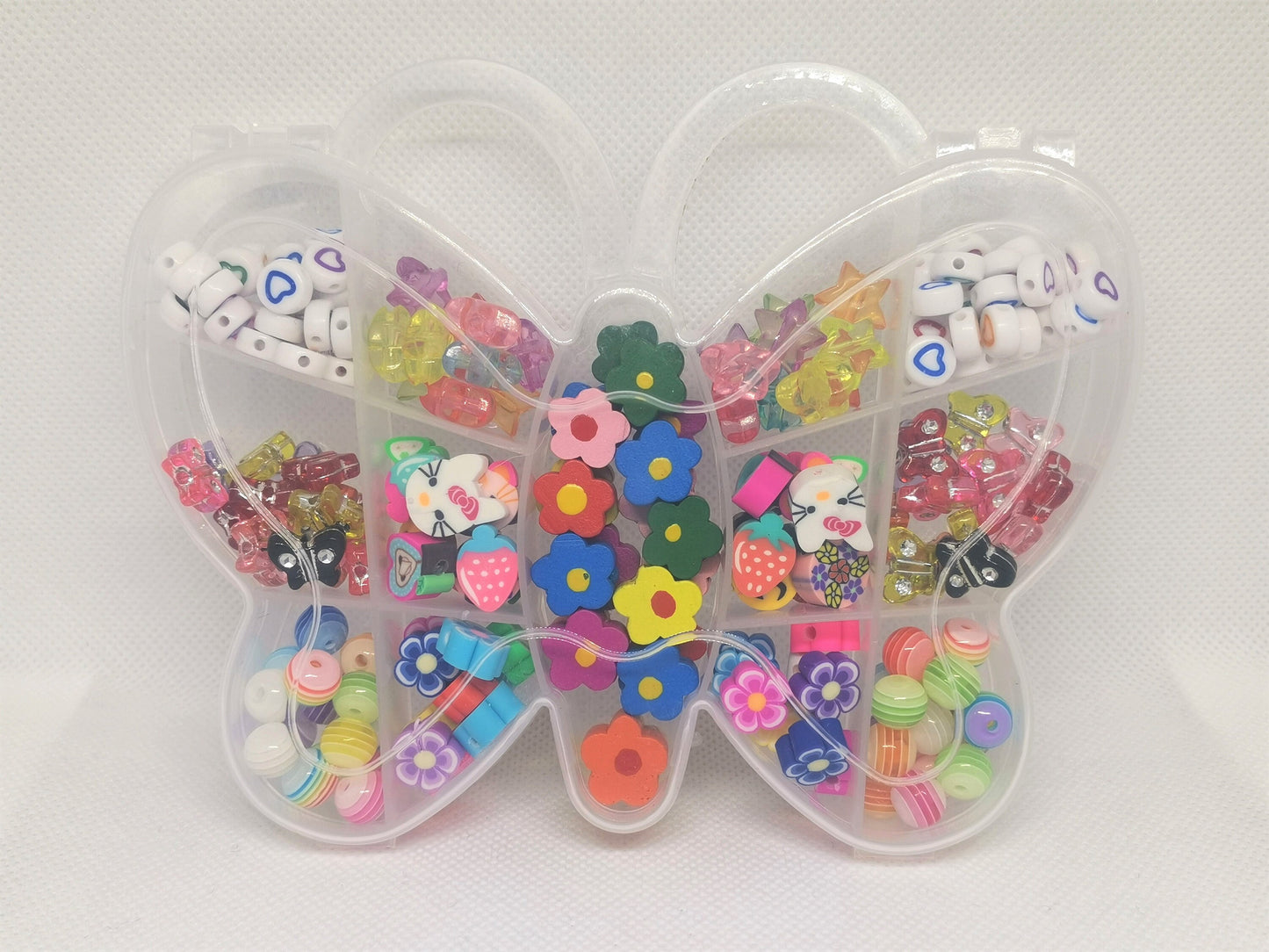 Bead kit / set, butterfly shaped box, 200 various beads, acrylic, resin, clay, wood, children's gift, crystal elastic string available