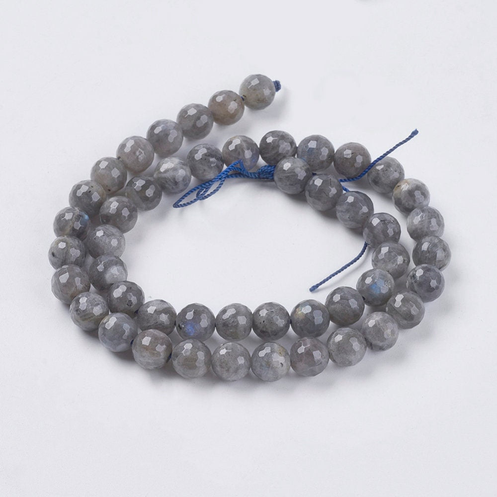 1 x strand (approx 90 beads) natural grey labradorite beads, faceted, round, drilled, approx 4mm diameter, hole - 1mm