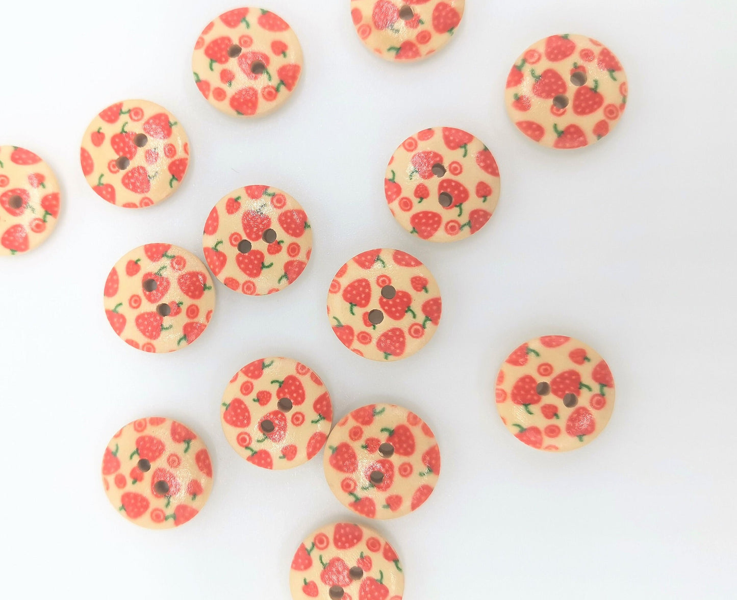 8 x 15mm small round strawberry pattern wooden buttons, 2 hole
