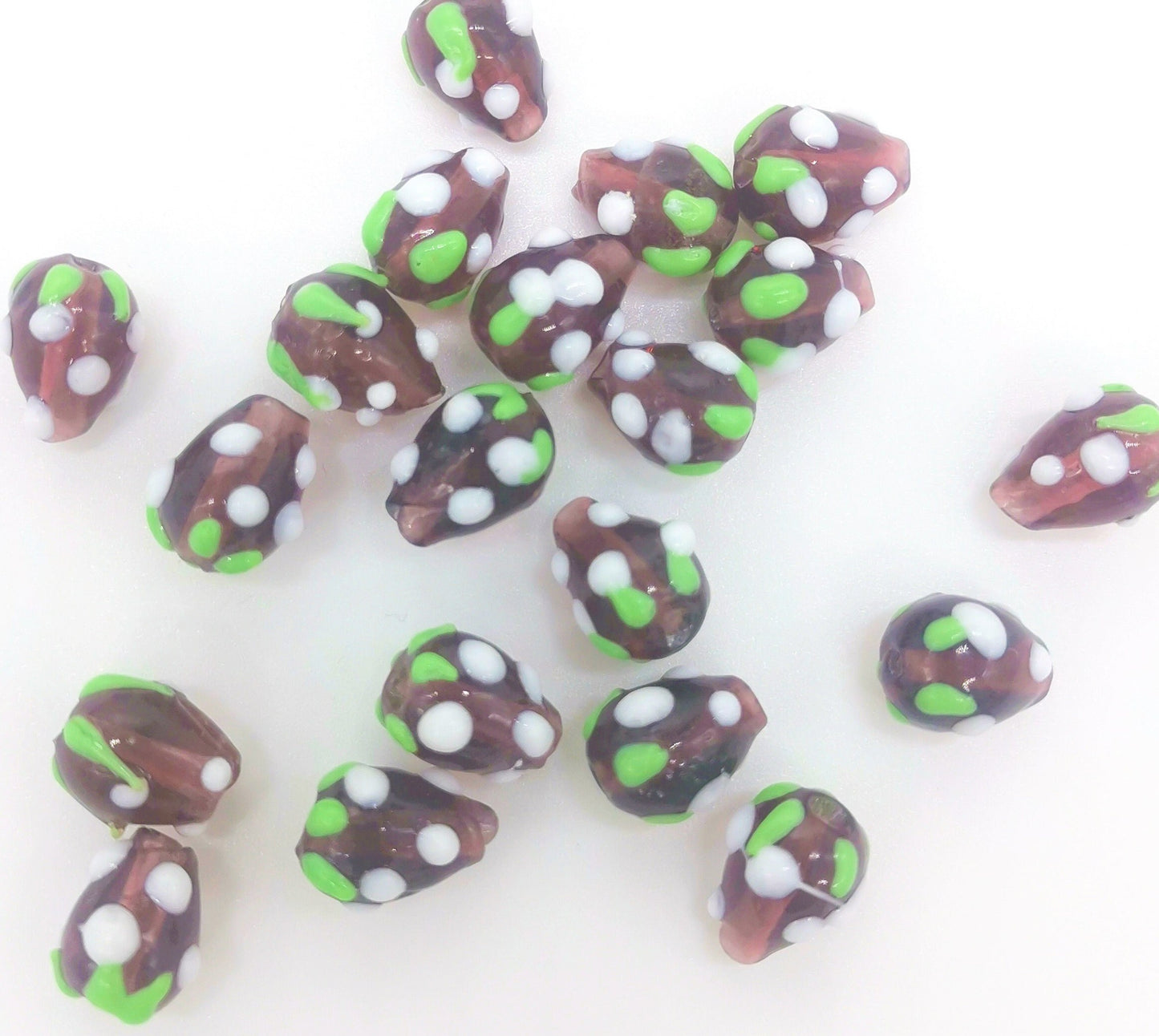 20 x handmade strawberry glass lampwork beads, dark purple with white & green decoration, approx 12.5mm x 10mm, drilled hole approx 2mm