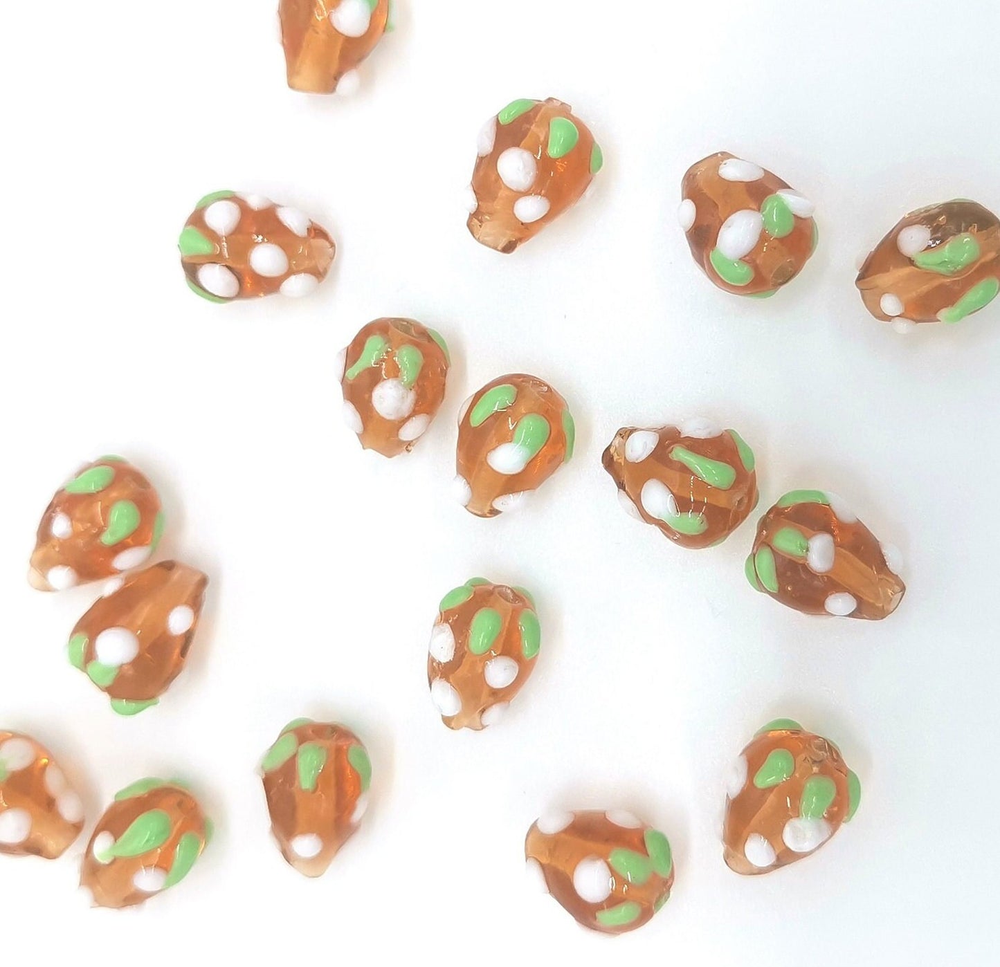 20 x handmade strawberry glass lampwork beads, amber colour with white & green decoration, approx 12.5mm x 10mm, drilled hole approx 2mm