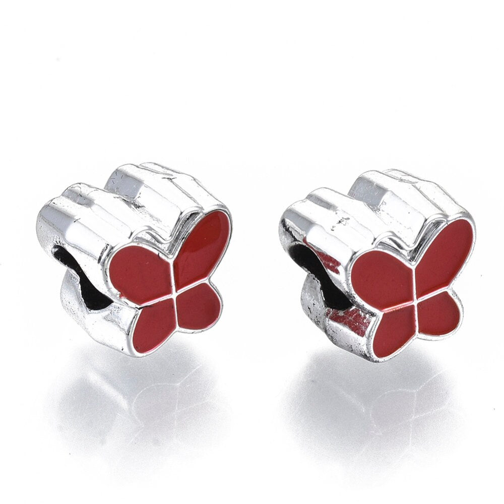 10 x acrylic butterfly beads, enamel, colourful, large hole, mixed colours, lightweight, silver tone, 10mm x 11mm x 8mm, hole 5mm