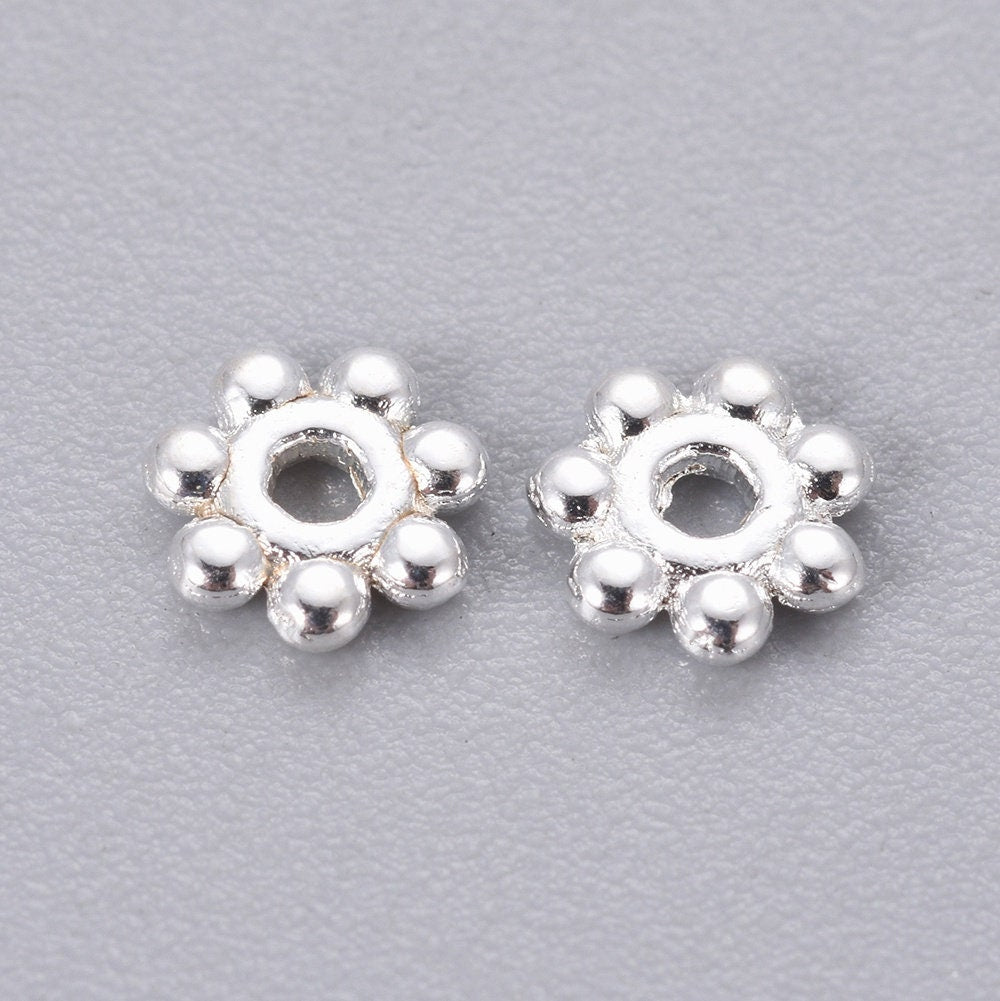 Silver tone alloy daisy flower spacer beads, 4.5mm x 1.5mm, hole: 1mm