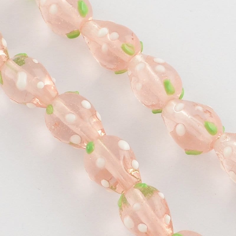 Handmade strawberry glass lampwork beads, pale pink with white & green decoration, approximately 12.5mm x 10mm, drilled hole approx 2mm