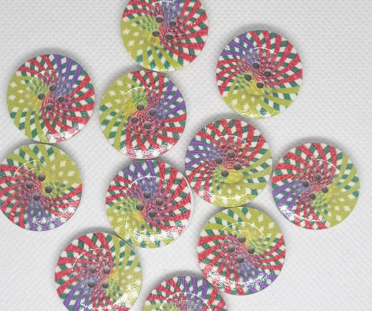 8 x 25mm round wooden buttons, green red purple kaleidoscope pattern, 4 hole, 5mm thick