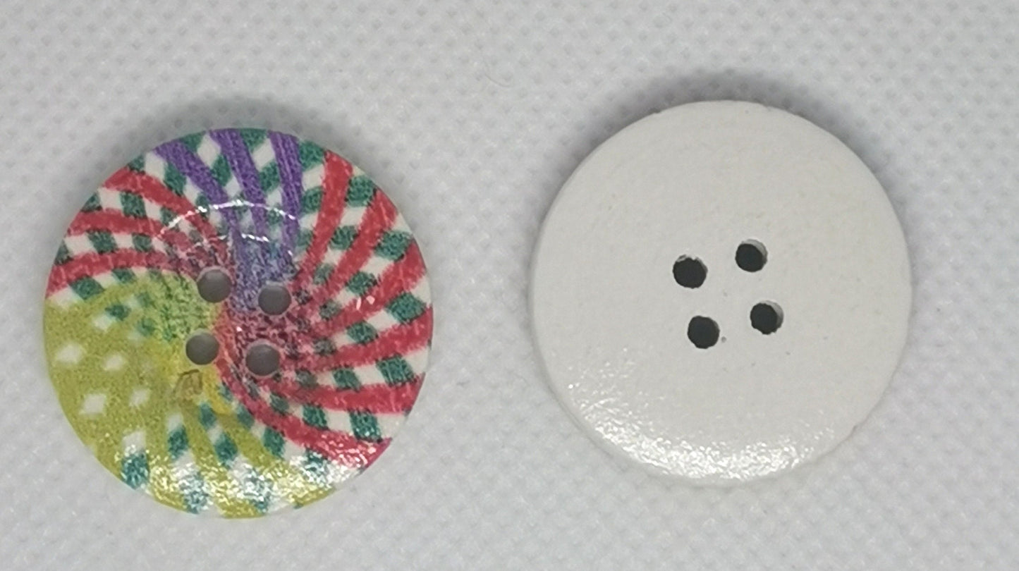 8 x 25mm round wooden buttons, green red purple kaleidoscope pattern, 4 hole, 5mm thick