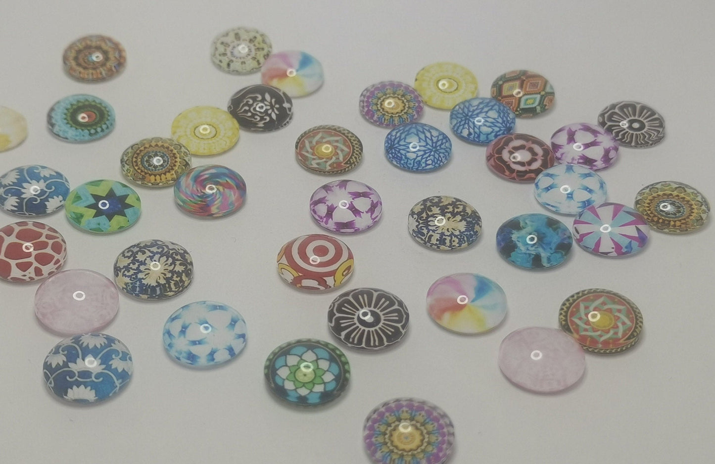 20 x small mosaic printed glass half round / dome cabochons, mixed colours & designs, 12x4mm