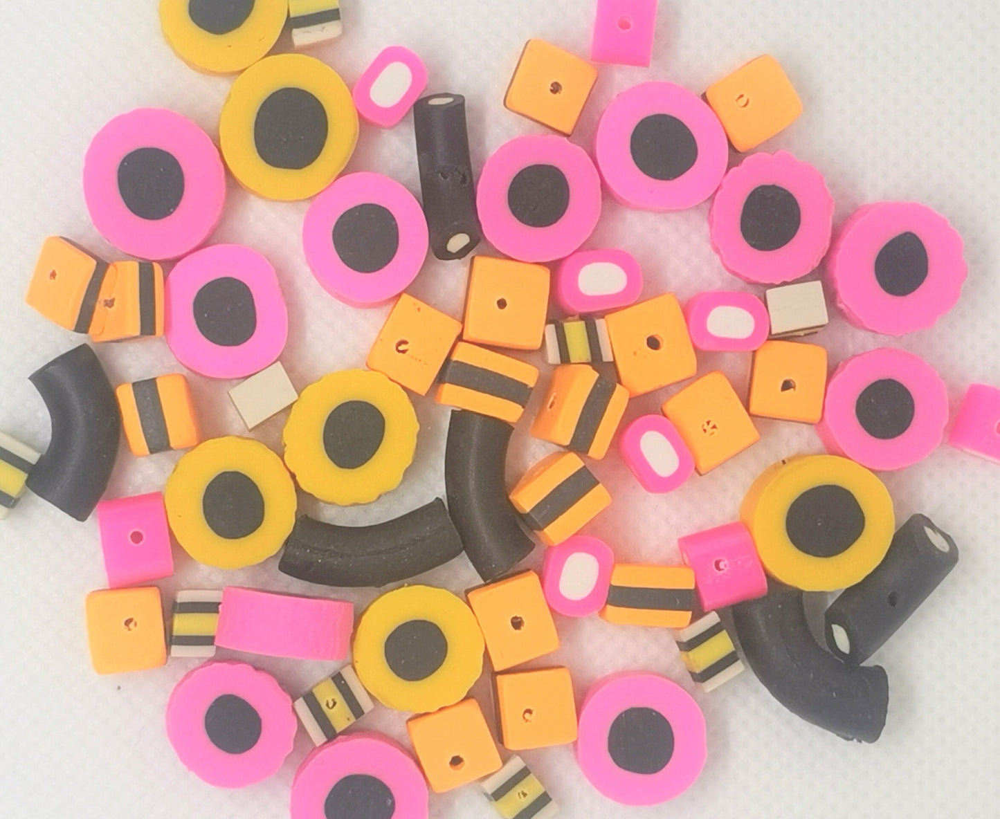Liquorice allsort polymer clay beads, cute drilled sweets, candy, pink, yellow, orange, black, white, size approx 7-14x7-12x4-6mm, hole: 1mm