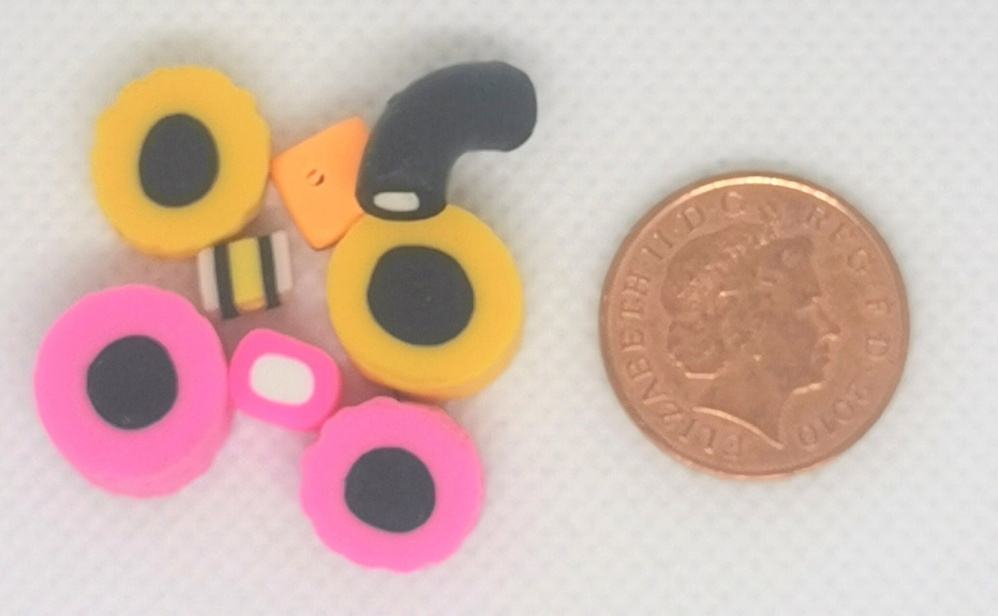 Liquorice allsort polymer clay beads, cute drilled sweets, candy, pink, yellow, orange, black, white, size approx 7-14x7-12x4-6mm, hole: 1mm