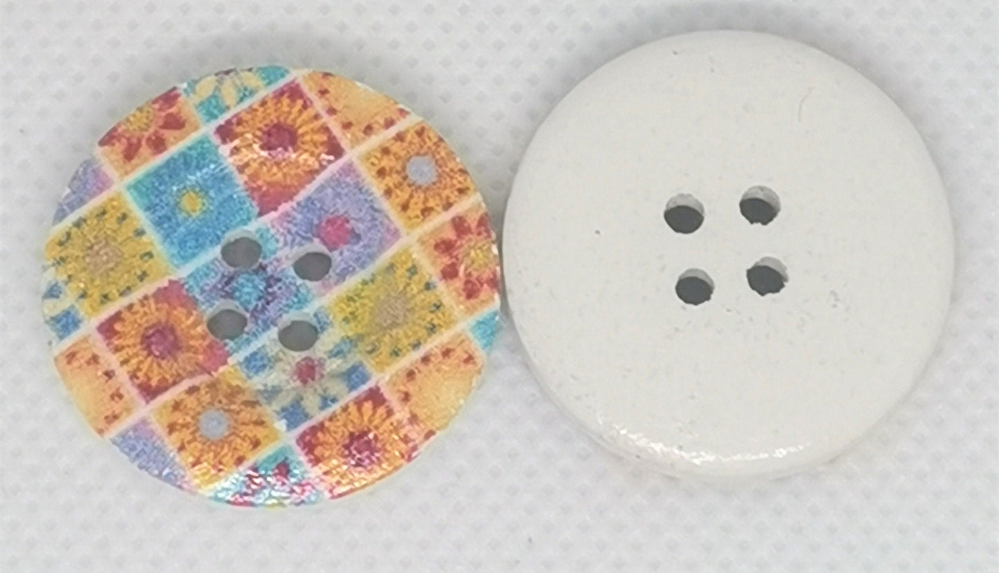 8 x 25mm round wooden buttons, green yellow red blue floral flower daisy square patchwork pattern, 4 hole, 5mm thick