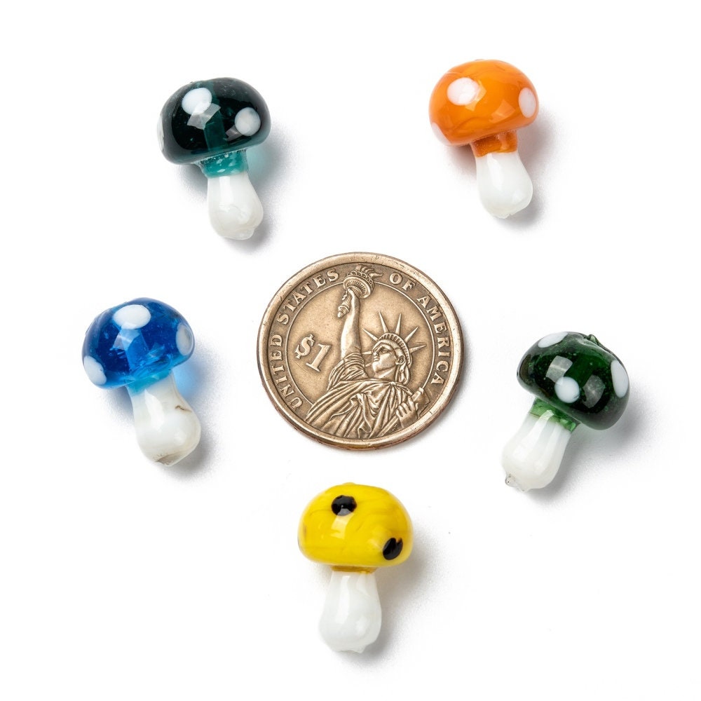 200 x handmade mushroom toadstool shaped lampwork beads, mixed colours, drilled, approximately 19x14.5mm, approximate hole: 2mm