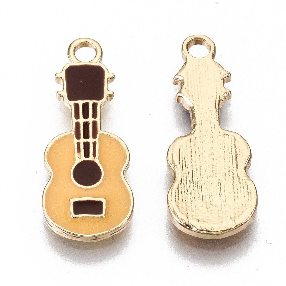 5 x small guitar shaped metal and enamel pendants, yellow brown & gold tone, 23mm x 9mm x 2mm, hole at top 2mm