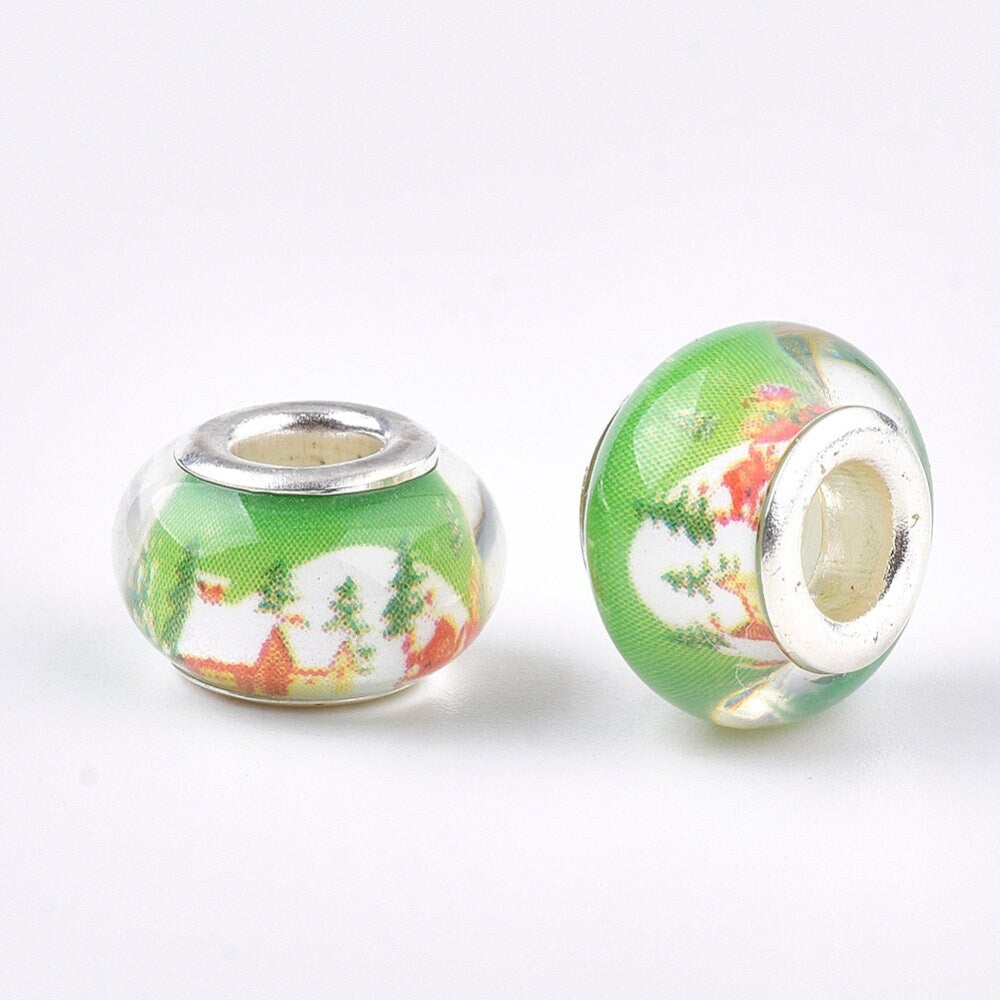 Christmas resin rondelle beads, large hole, silver colour plated brass core, mixed designs, approx 14mm x 9mm, hole approx 5mm