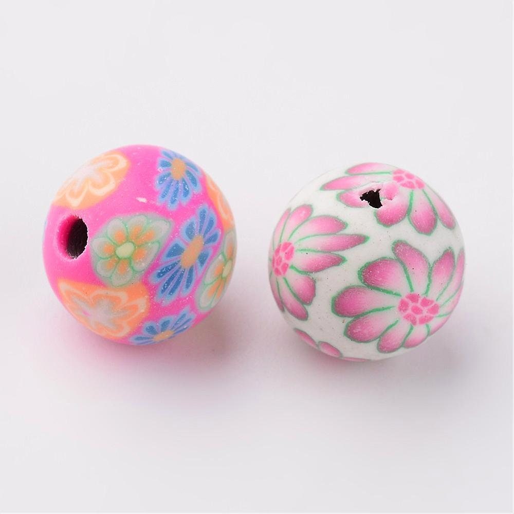Handmade round polymer clay beads, floral pattern, drilled,mixed colours, approximately 10mm, hole 2mm