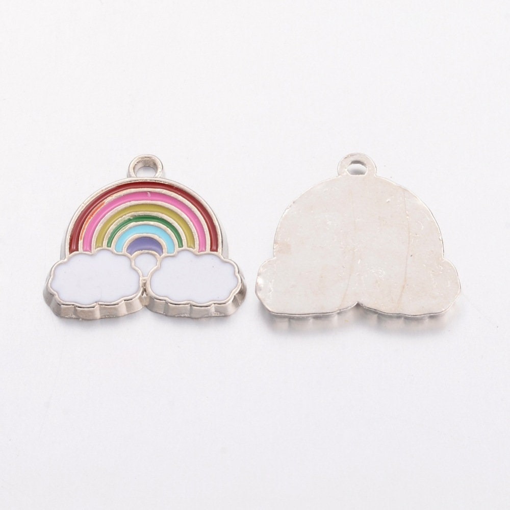 SALE! 5 x small rainbow & cloud shaped metal and enamel pendants, colourful, 17.5mm x 19mm x 1.6mm, hole at top 2mm