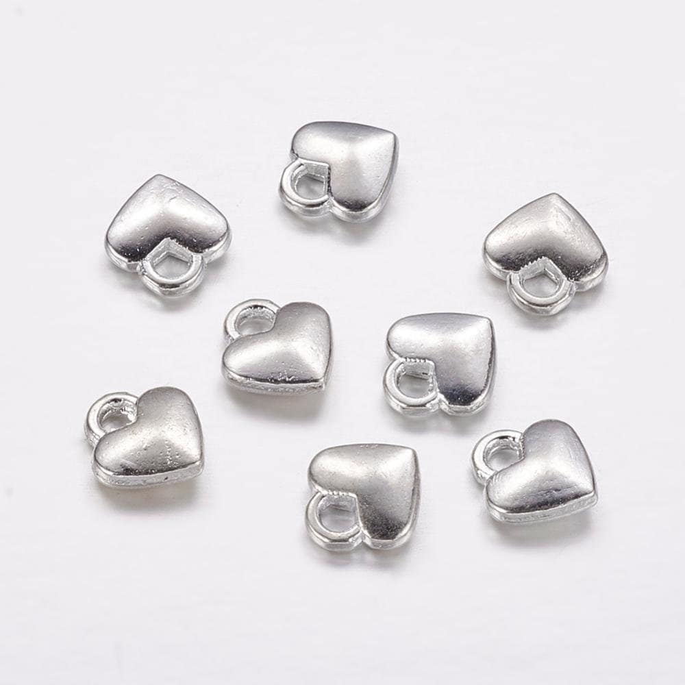 Tiny Tibetan style metal alloy heart charms, silver tone, 8mm x 7mm x 2.5mm, hole approximately 2mm