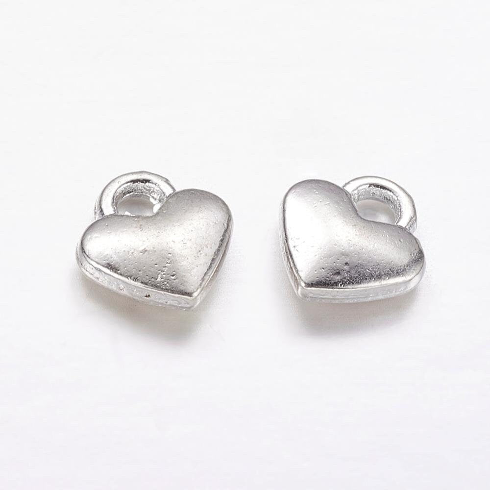 Tiny Tibetan style metal alloy heart charms, silver tone, 8mm x 7mm x 2.5mm, hole approximately 2mm